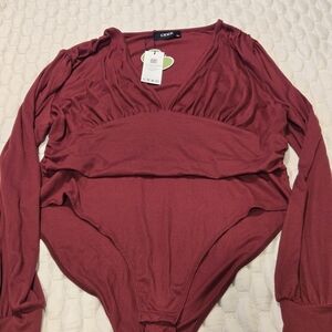 Cider New With Tags Women's Lomg Sleeve Bodysuit V-neck Solid Burgundy Size 1XL
